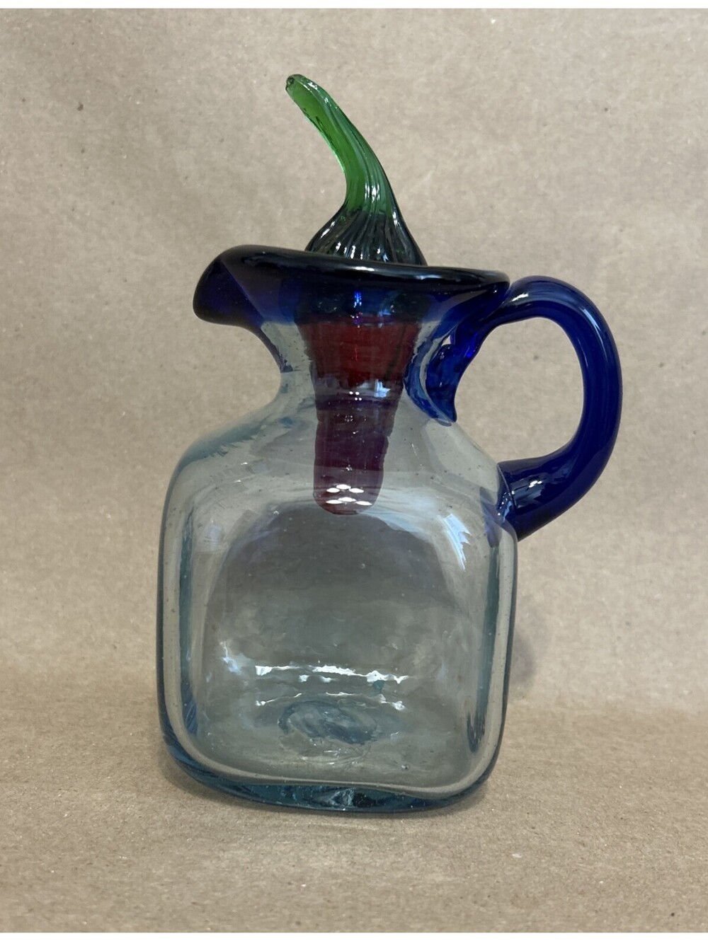 Mexican Hand Blown Cruet w/ Cobalt Blue Trim & Red Pepper Glass stopper